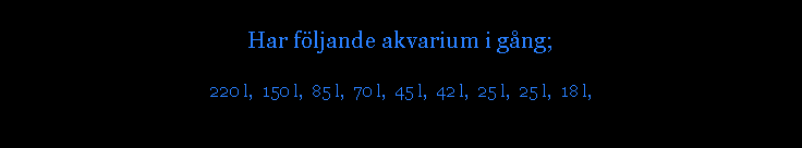 Text Box: Har f�ljande akvarium i g�ng;220 l,  150 l,  85 l,  70 l,  45 l,  42 l,  25 l,  25 l,  18 l,  